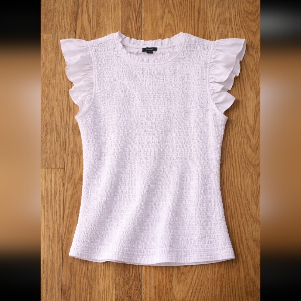 White Express Smocked Flutter Sleeve Textured Fabric Top